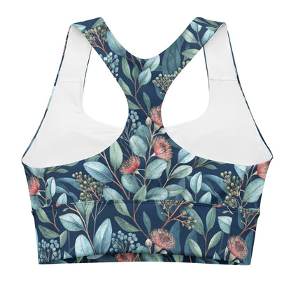 Longline sports bra with teal floral botanical print and white side panels