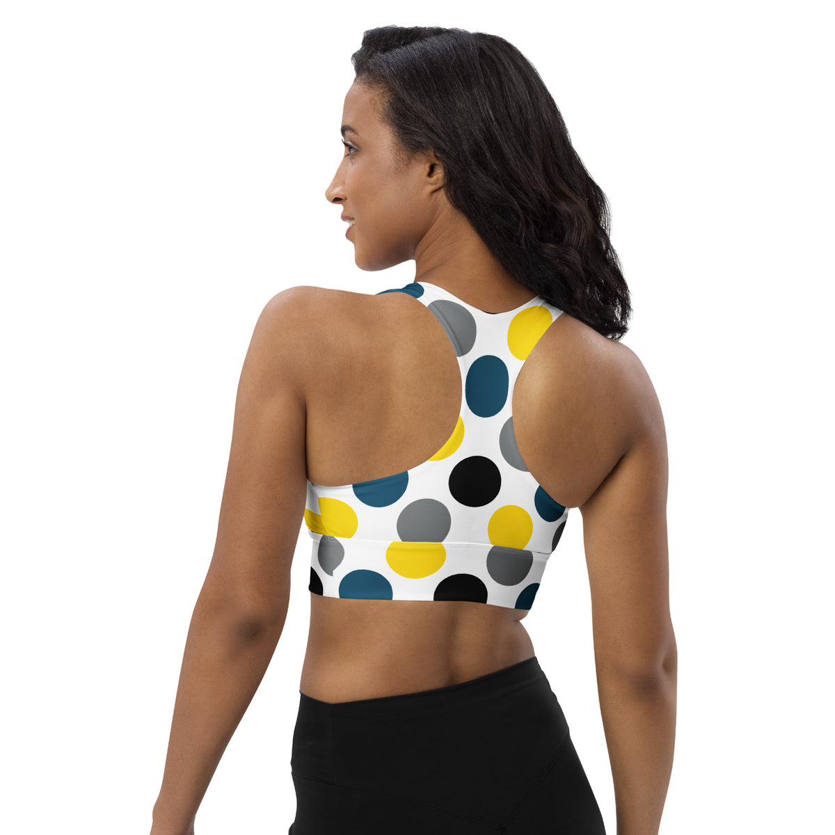 Dots longline sports bra back view with multicolor circular print and racer straps