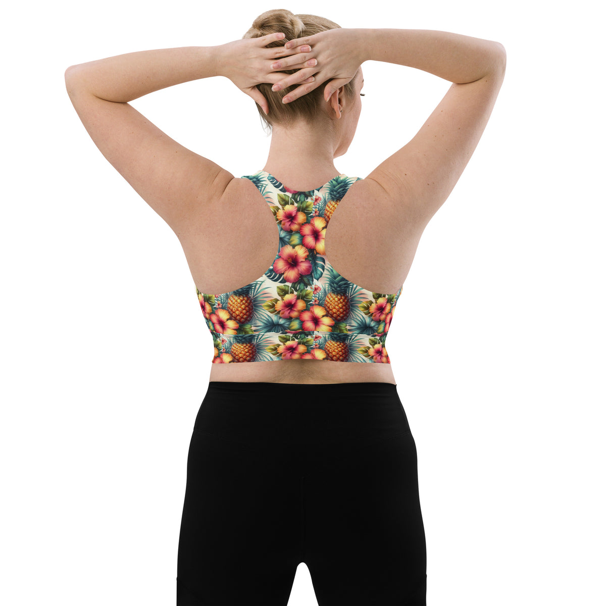 Teal pineapple and hibiscus print longline sports bra, racerback with central cutout