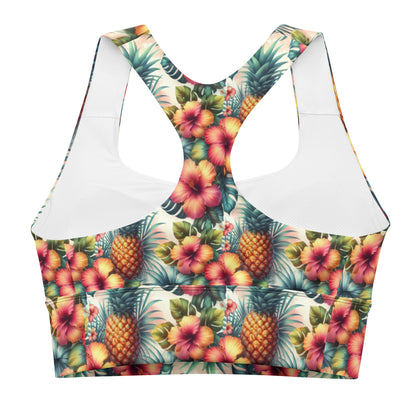 Teal longline sports bra with pineapple and hibiscus print, racerback straps, high back
