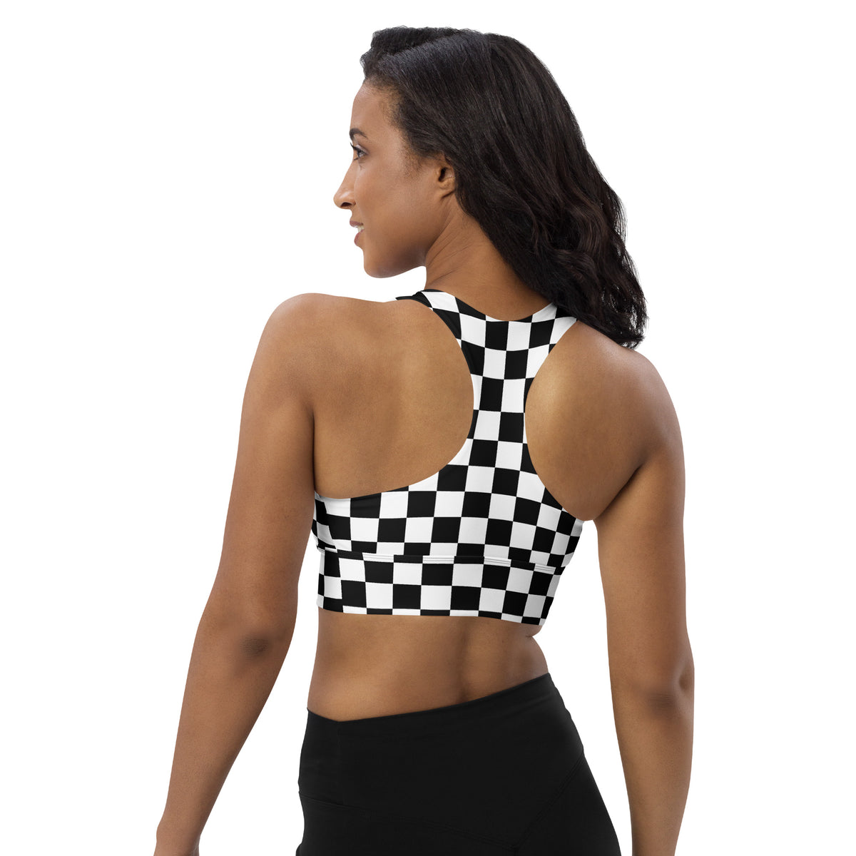 Back view sports bra in black-and-white checkered pattern with racerback