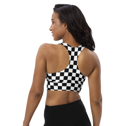 Back view sports bra in black-and-white checkered pattern with racerback