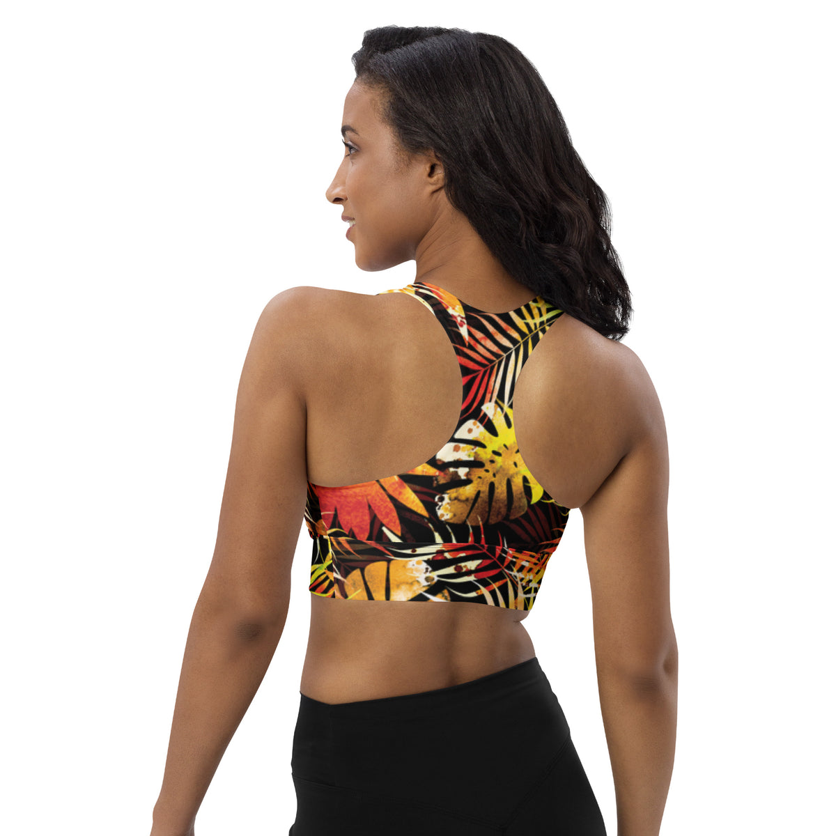 Longline sports bra with tropical leaf print, high back and racerback straps