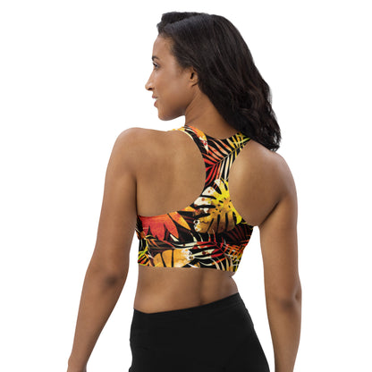 Longline sports bra with tropical leaf print, high back and racerback straps