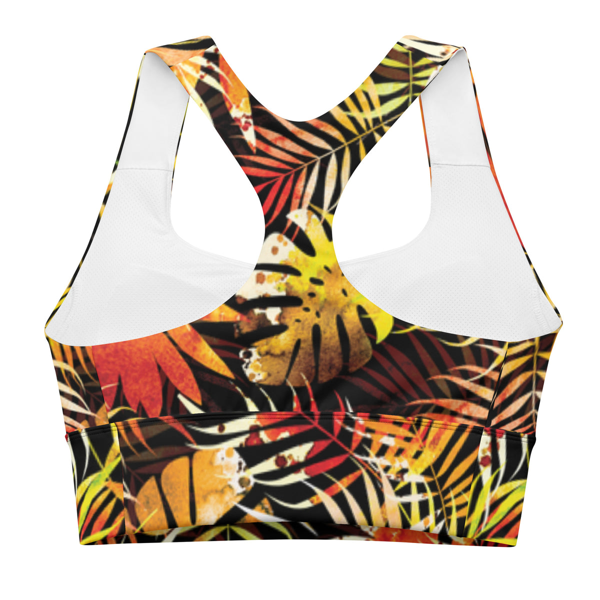 Longline sports bra with tropical leaf print, scoop neckline and wide racerback straps