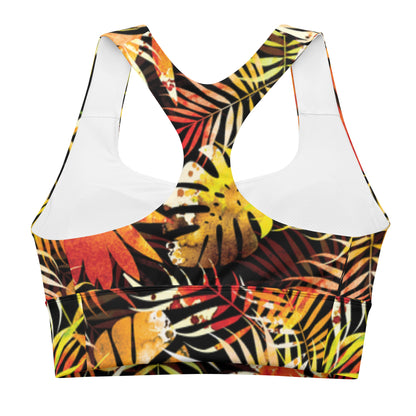 Longline sports bra with tropical leaf print, scoop neckline and wide racerback straps