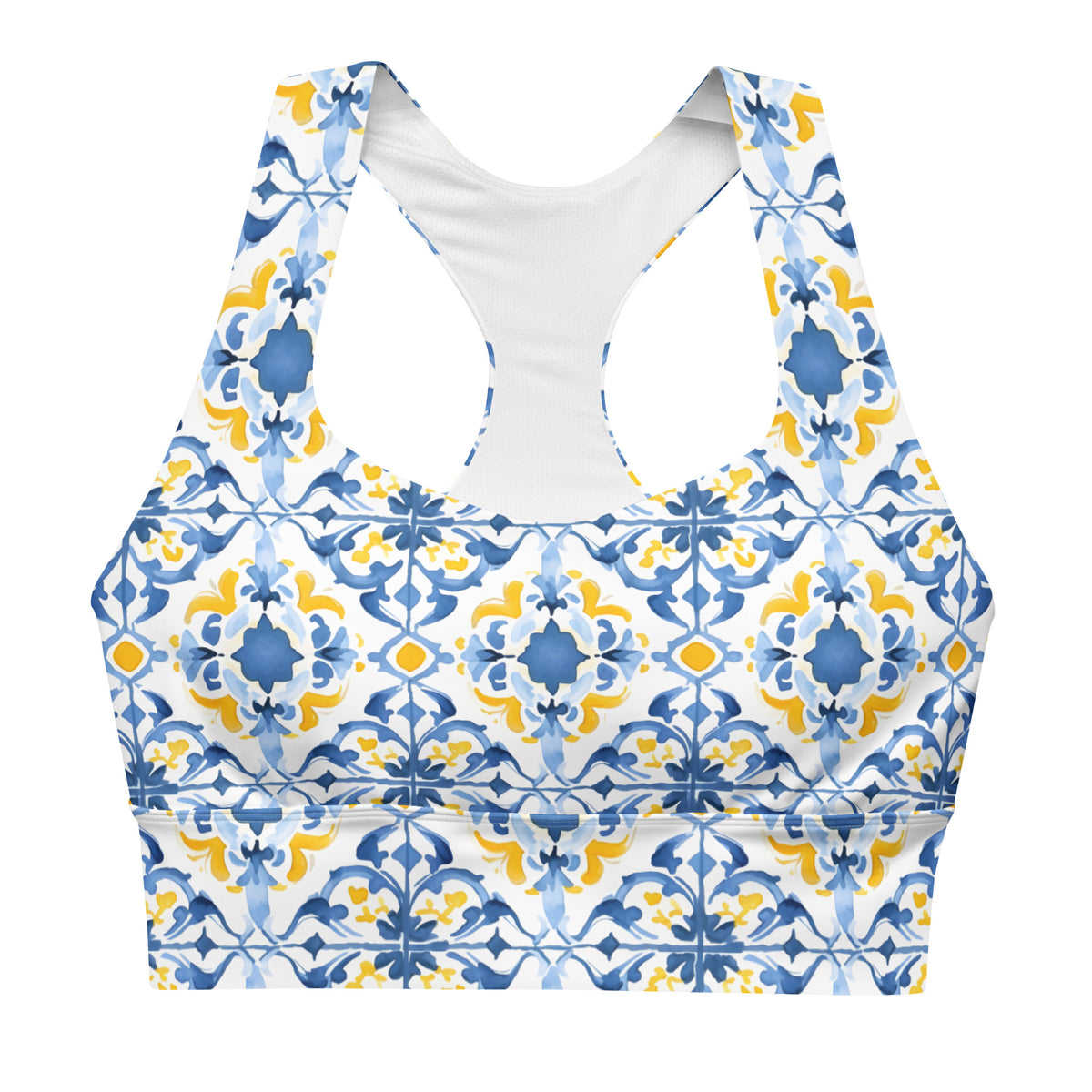 Longline sports bra with Moroccan tile print in blue and yellow, white mesh racerback