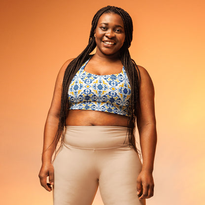 Longline sports bra with blue and yellow Moroccan tile print, front view