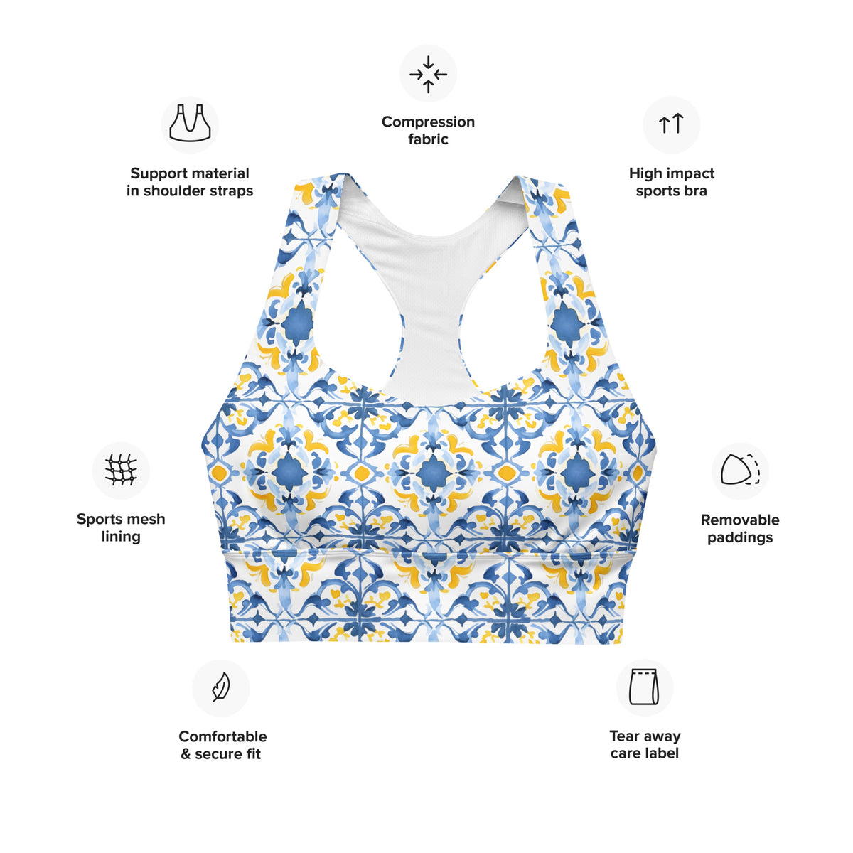 Longline sports bra with removable padding, sports mesh lining, compression fabric, high support