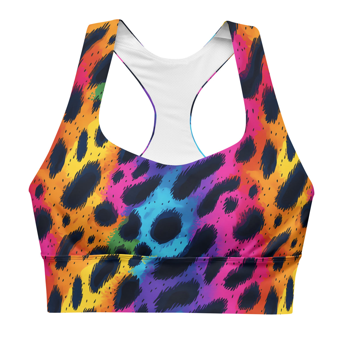 Longline sports bra with rainbow leopard print and white scoop-front panel