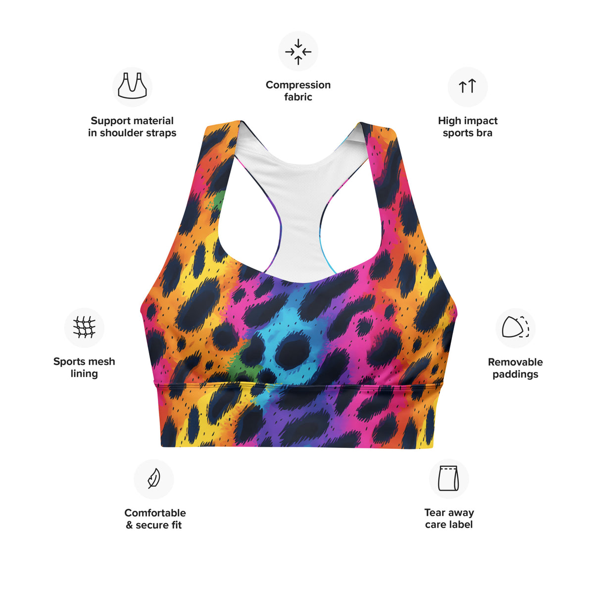Longline sports bra features: compression fabric, removable padding, sports mesh lining