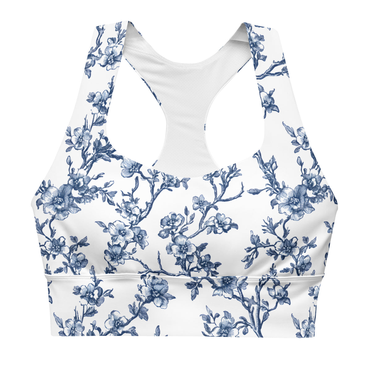 Longline sports bra in white with blue floral print and wide racerback straps
