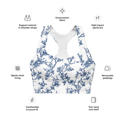 Blue floral longline sports bra with removable padding, support straps, and mesh lining