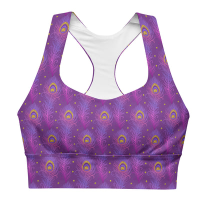 Longline sports bra in purple with peacock-feather pattern, scoop neck, racerback