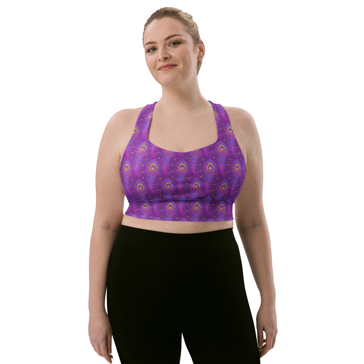 Purple peacock-feather longline sports bra with wide underband, scoop neck