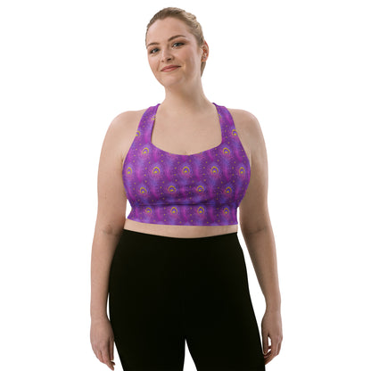 Purple peacock-feather longline sports bra with wide underband, scoop neck
