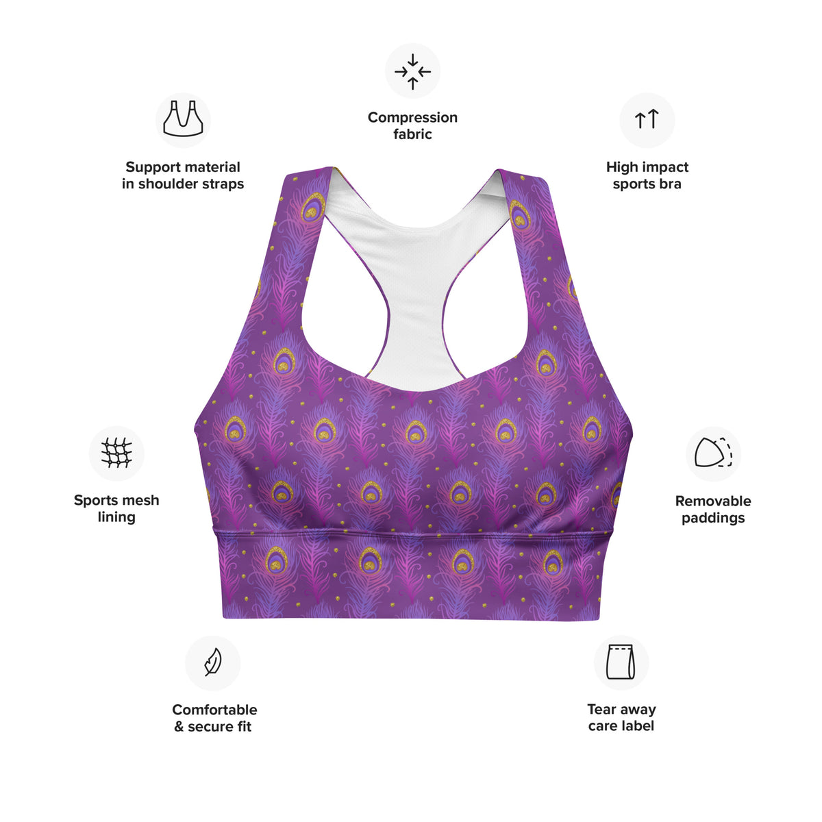 Longline sports bra flat lay, purple peacock-feather print, scoop neck, racerback