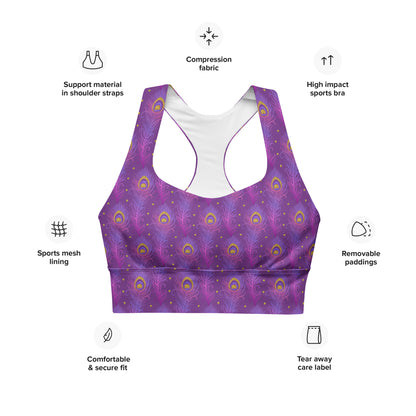 Longline sports bra flat lay, purple peacock-feather print, scoop neck, racerback