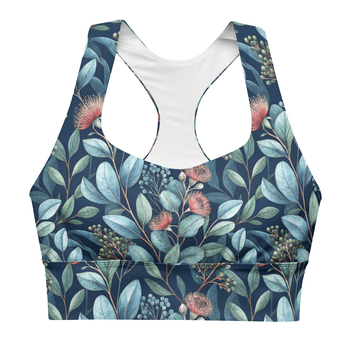 Longline sports bra with teal botanical print and white-lined cutout neckline