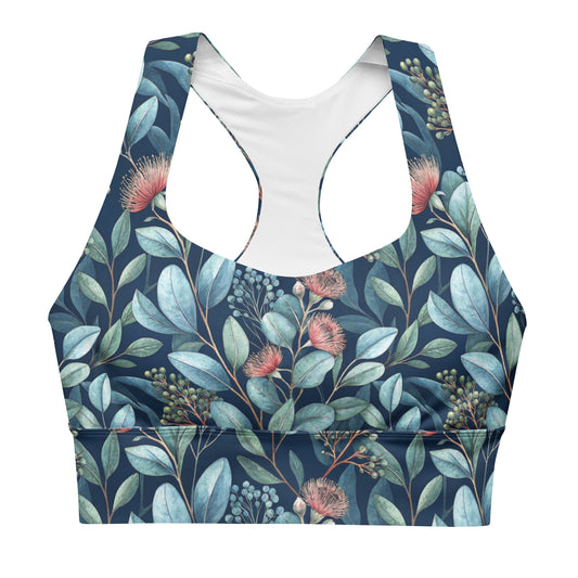 Longline sports bra with teal botanical print and white-lined cutout neckline