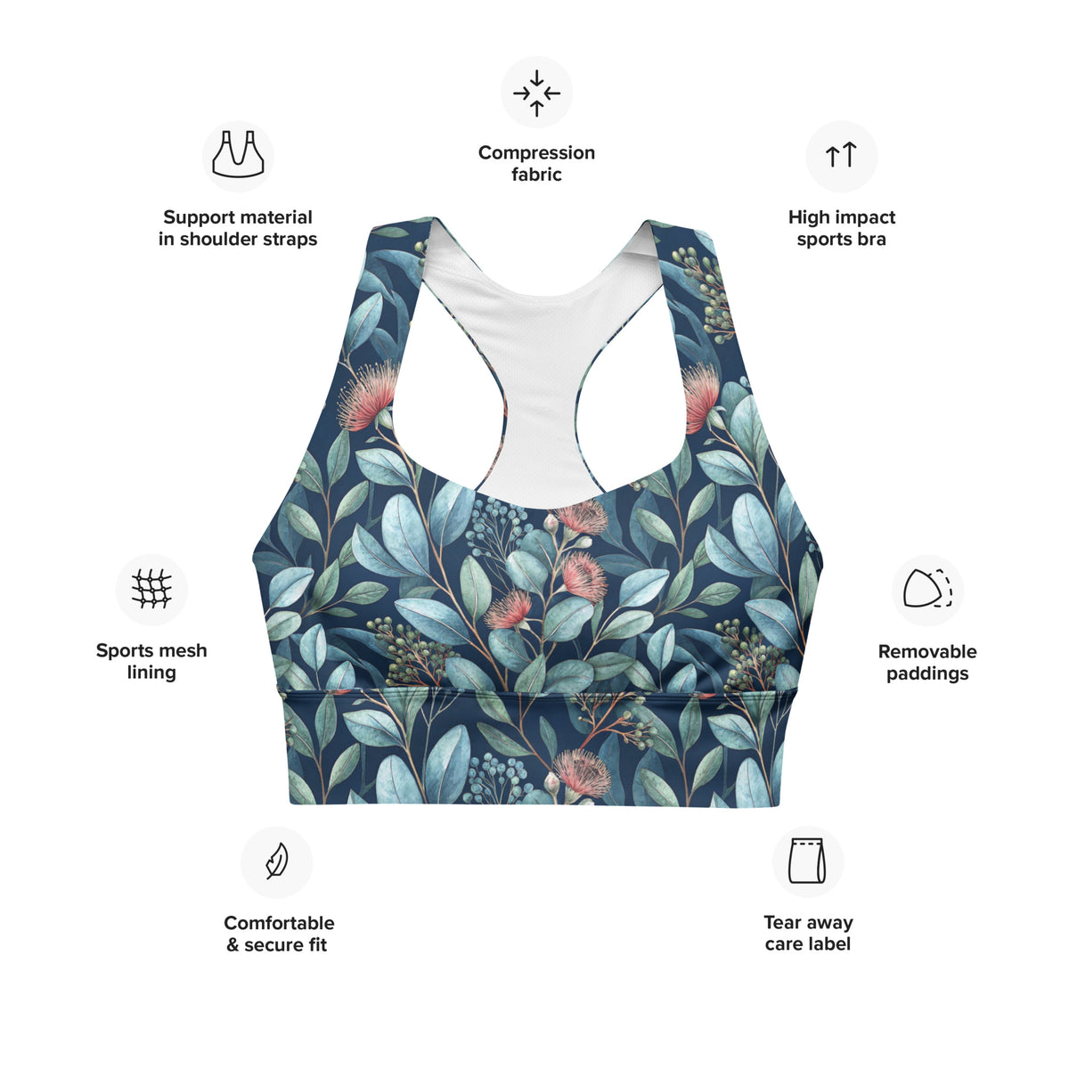 Longline sports bra features: removable paddings, compression fabric, mesh lining