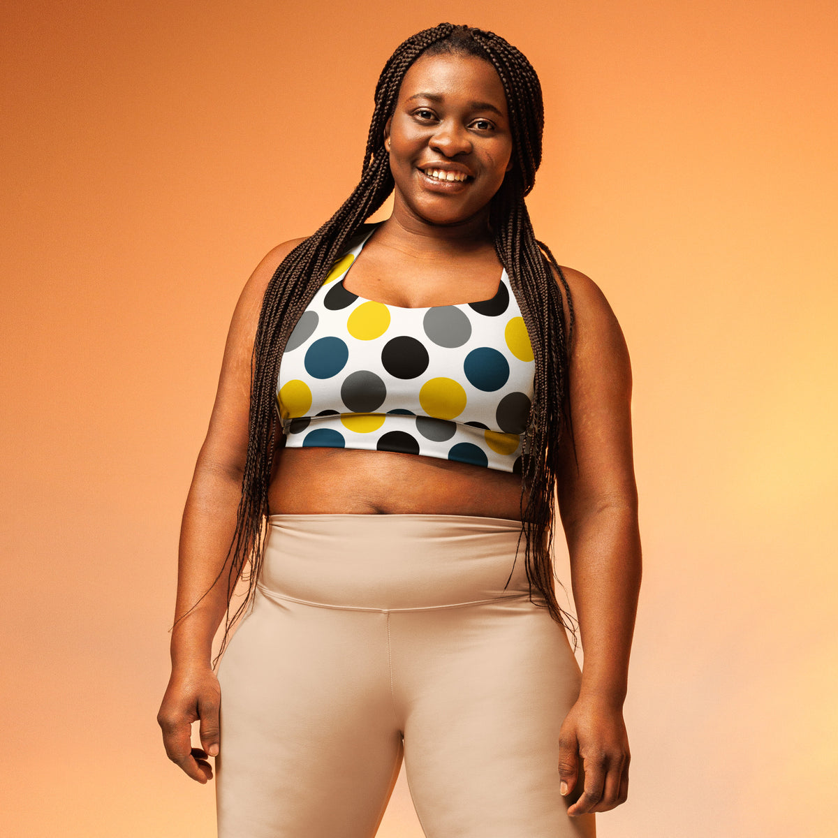 Dots longline sports bra with multicolor circular print and wide straps