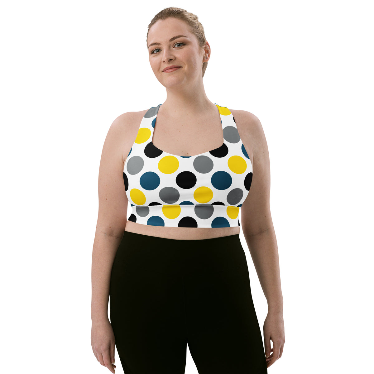 Dots longline sports bra front view with multicolor circular print and wide band