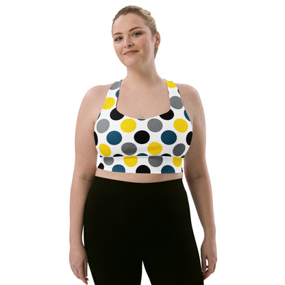 Dots longline sports bra front view with multicolor circular print and wide band