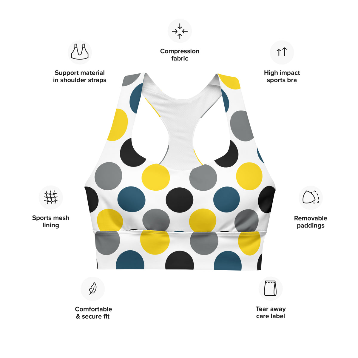 Longline dots sports bra features: compression fabric, removable padding, sports mesh lining