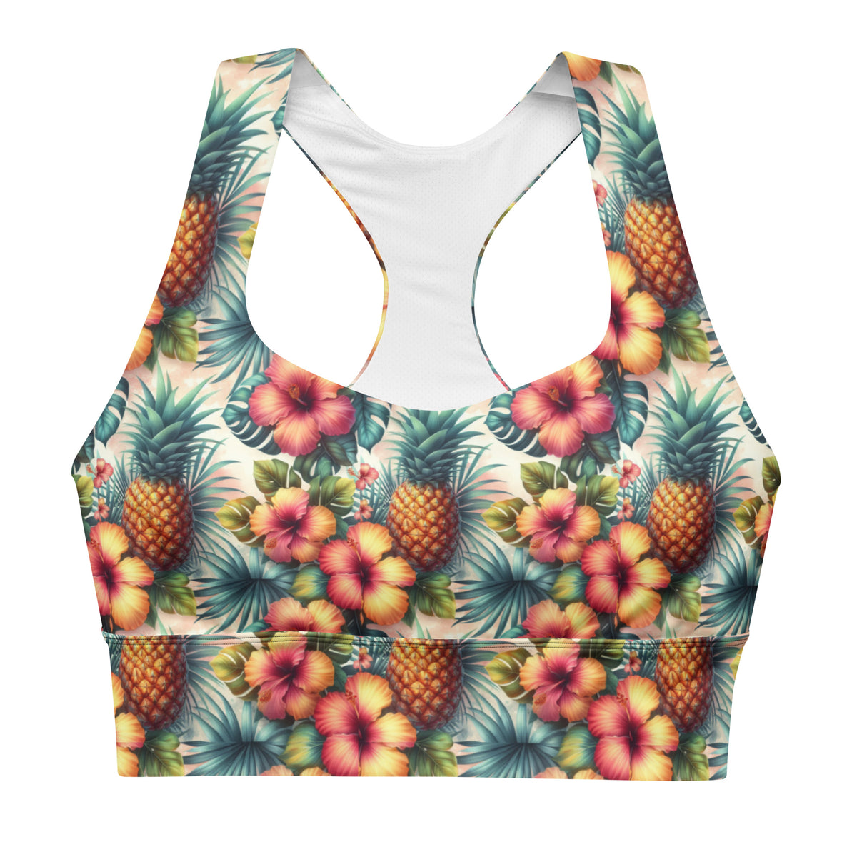 Teal longline sports bra with pineapple and hibiscus floral print, wide scoop neck
