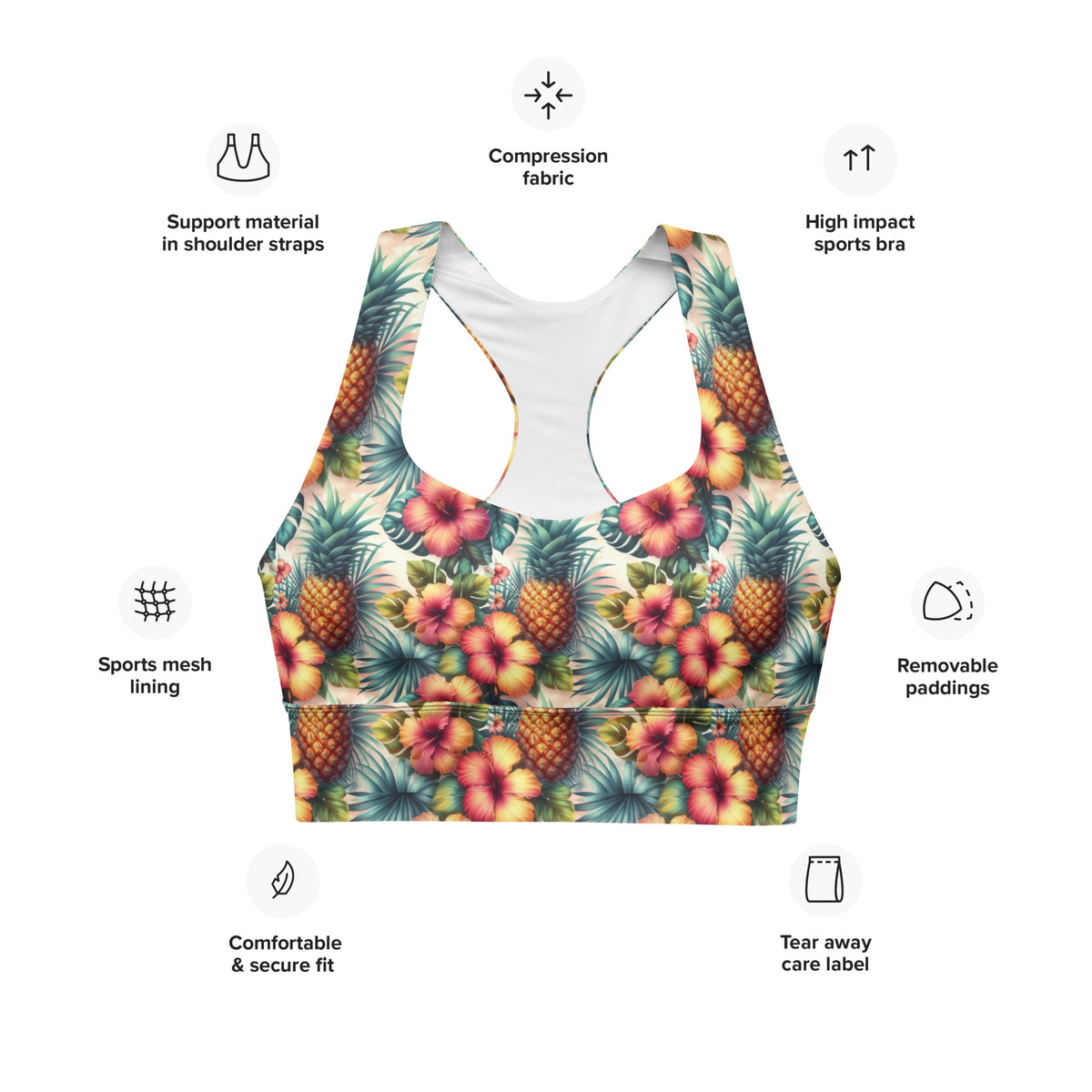 Longline sports bra front view with removable padding and mesh lining, floral print