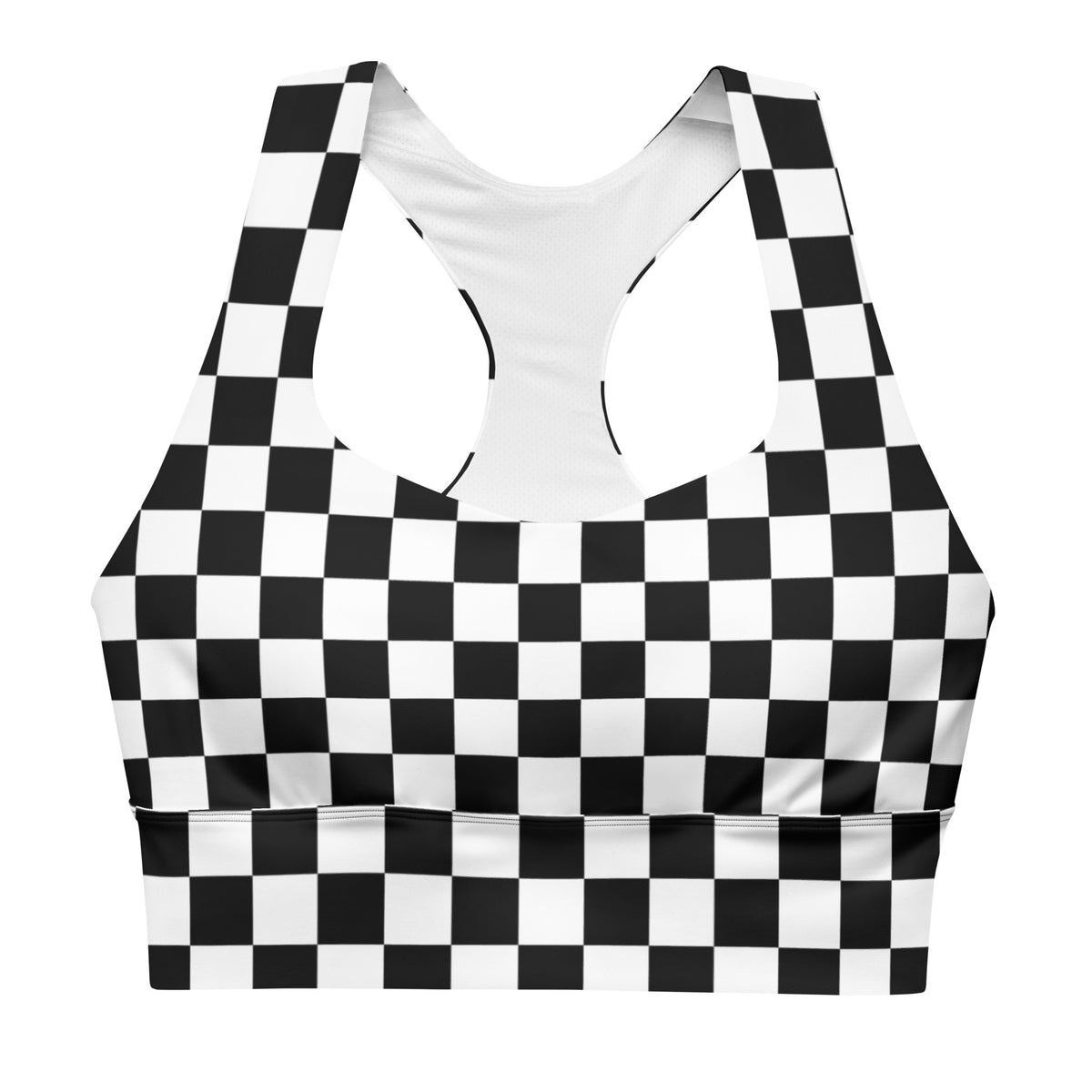 Checkered longline sports bra with wide white straps and black knit band hem