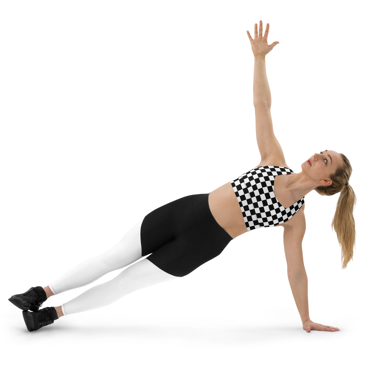 Checkered sports bra with square neckline and racerback straps, longline fit