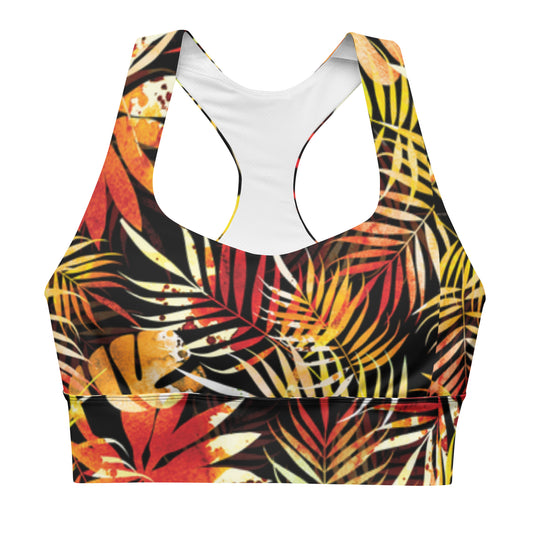 Longline sports bra with tropical leaf print, scoop front and racerback in black, red, yellow