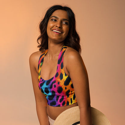 Longline sports bra with rainbow leopard print and wide underband