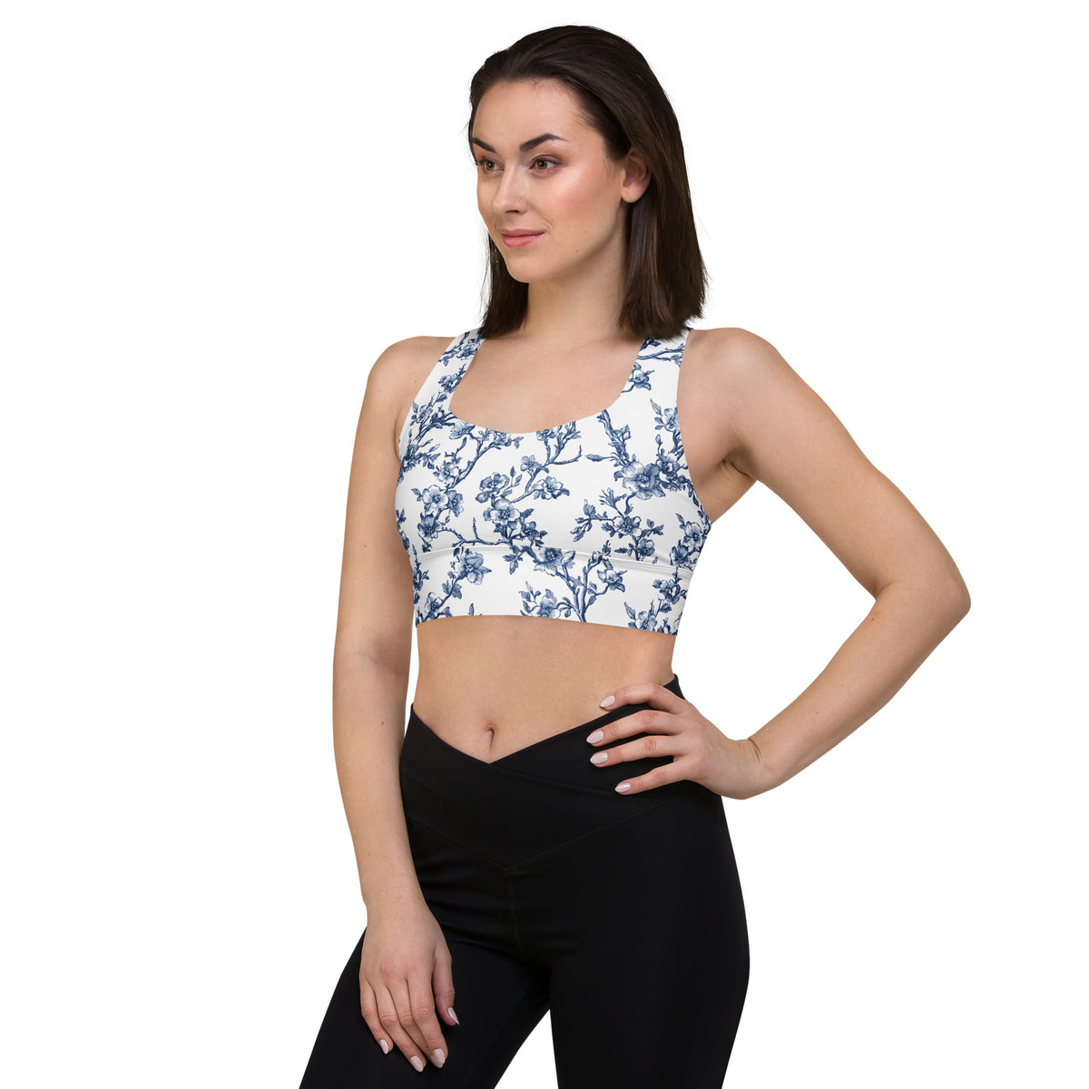 Blue floral sports bra with scoop neckline and racerback straps