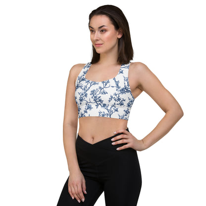 Blue floral sports bra with scoop neckline and racerback straps