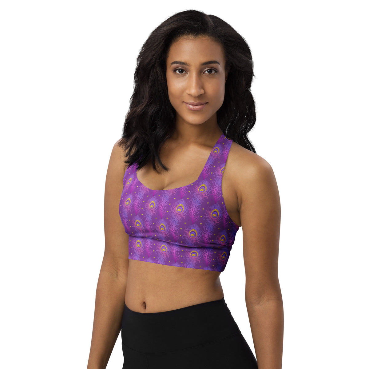 Purple peacock-feather print sports bra with wide band, scoop neckline