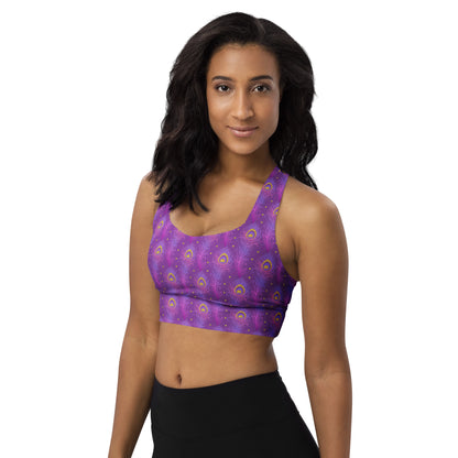 Purple peacock-feather print sports bra with wide band, scoop neckline