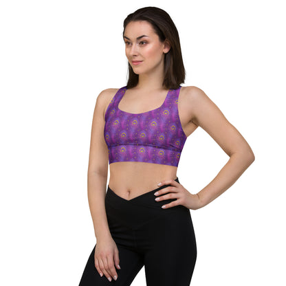 Purple peacock-feather print longline sports bra with wide underband