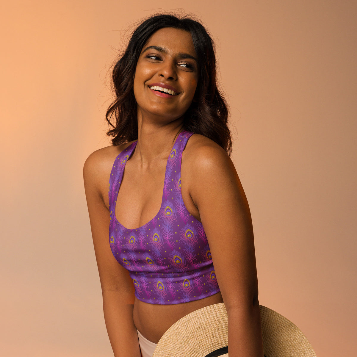 Longline sports bra, purple peacock-feather pattern, racerback, wide underband
