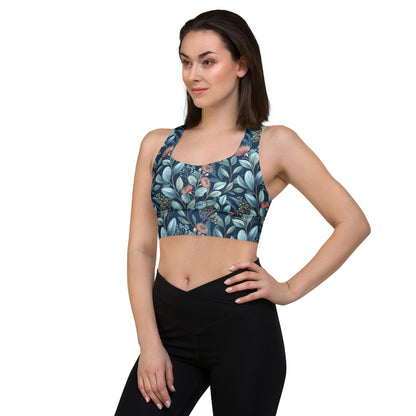 Womens longline sports bra in teal floral leaf print with wide neckline and backless cut