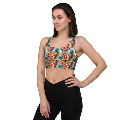 Teal pineapple and hibiscus print longline sports bra with wide straps and scoop front