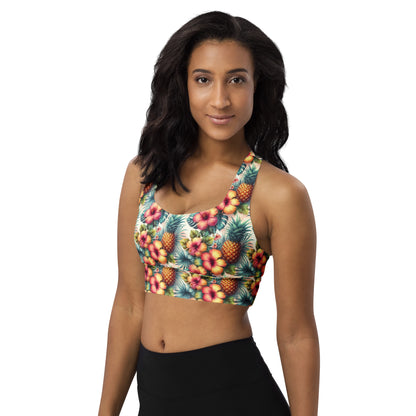 Longline sports bra with pineapple floral print, racerback straps, cropped front