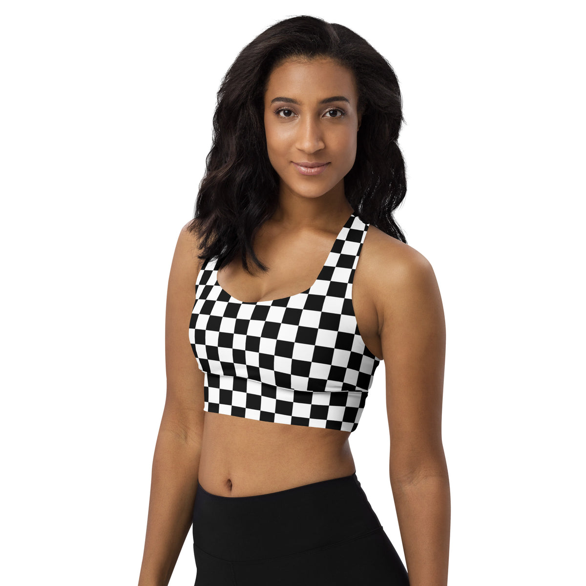 Black-and-white checkered sports bra with square neckline and racerback straps