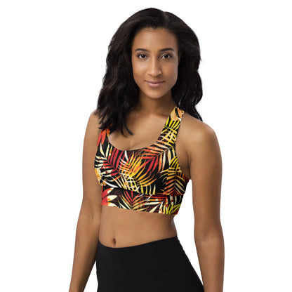 Longline sports bra with tropical leaf print, supportive scoop neckline and wide band