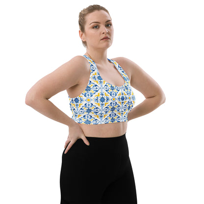 Longline sports bra with Moroccan tile print, scooped neckline and supportive racerback