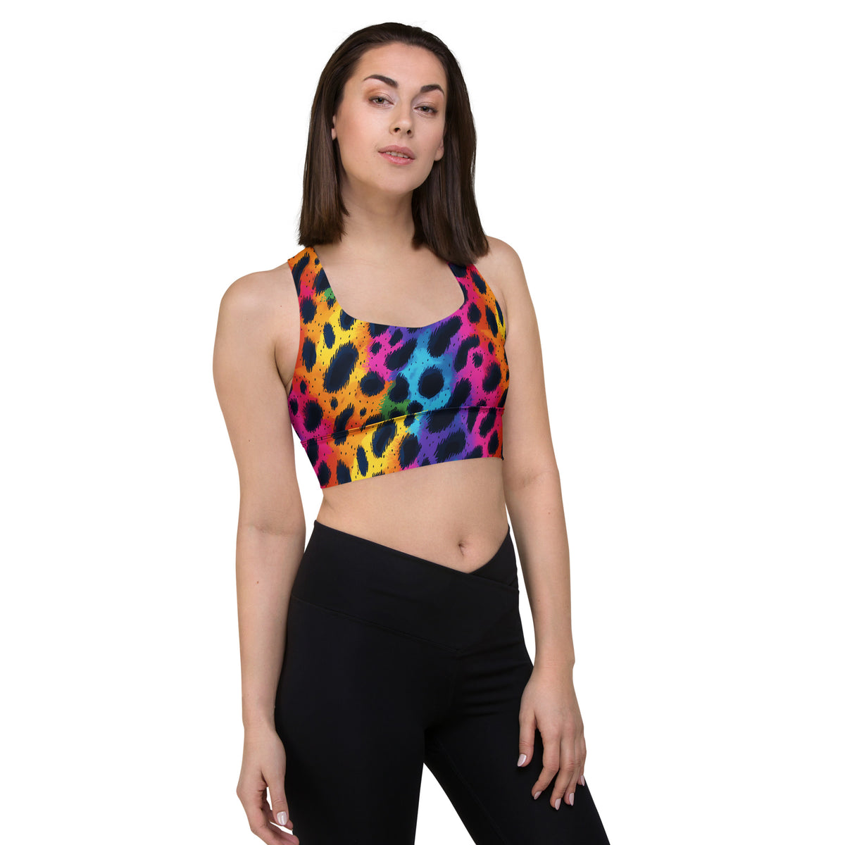 Longline sports bra with rainbow leopard print and scoop neckline