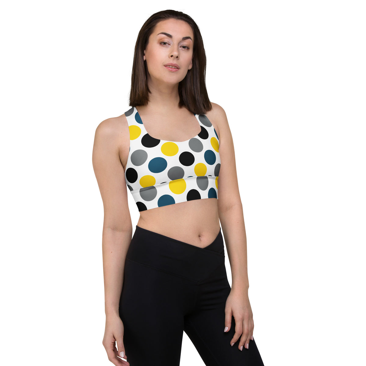 Dots longline sports bra with multicolor circular print and wide supportive neckline