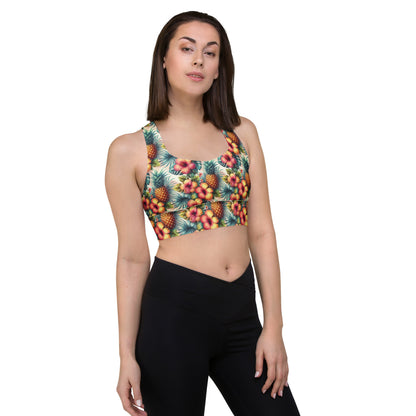 Teal pineapple and hibiscus print longline sports bra with wide straps and scoop neckline